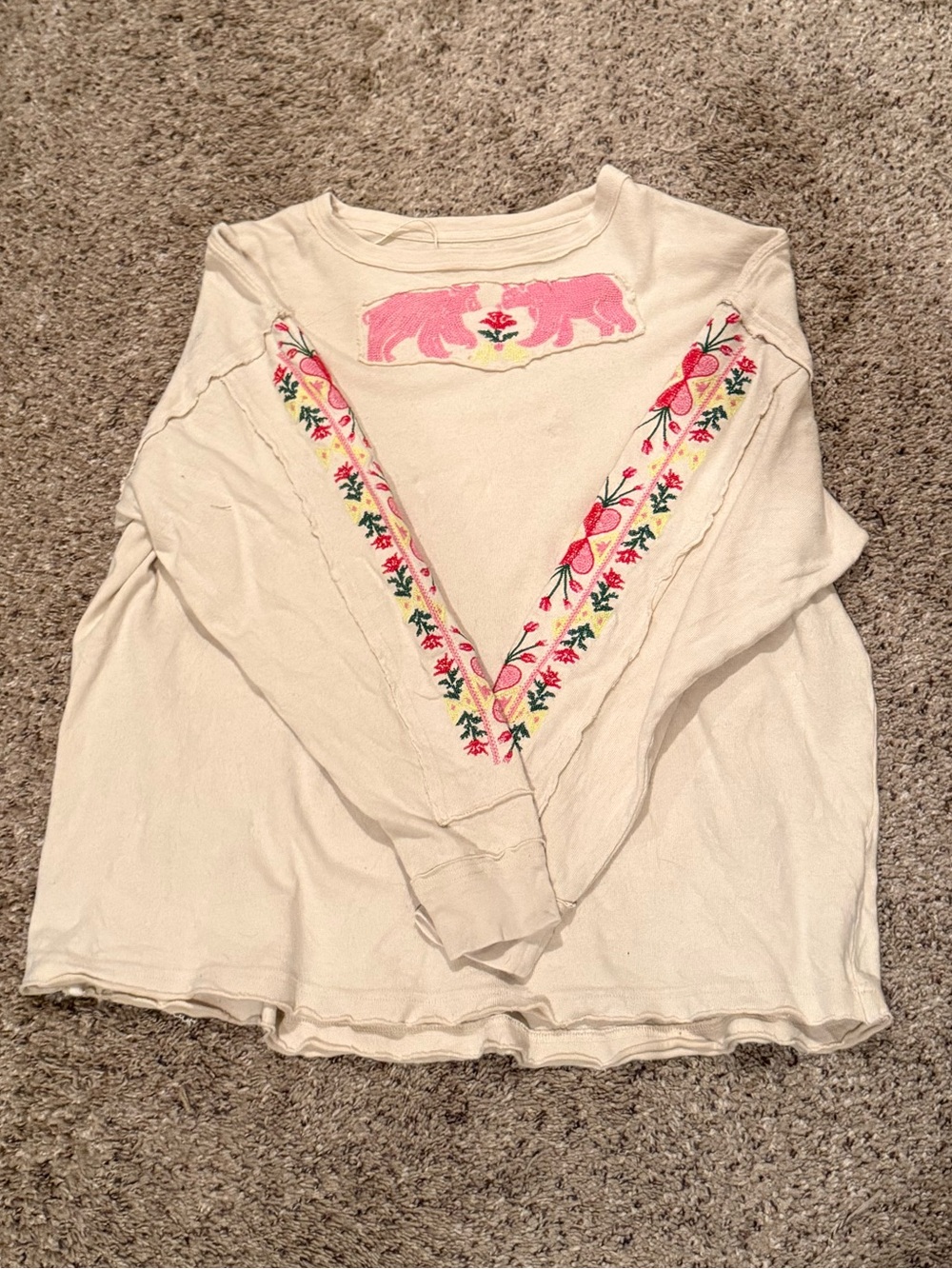 We The Free Cream Long-Sleeve Tee with Pink Elephant & Floral Trim